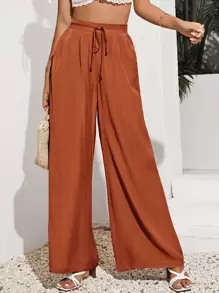 SHEIN Frenchy Solid Wide Leg Tie Front Pants - Rust Brown - View 1