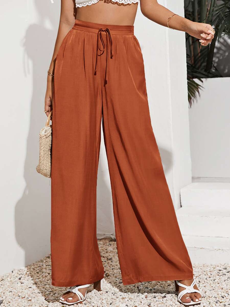 SHEIN Frenchy Solid Wide Leg Tie Front Pants - Rust Brown - View 1