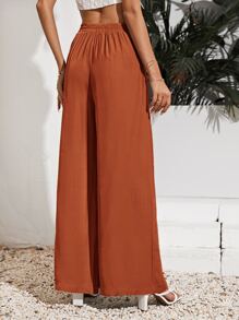 SHEIN Frenchy Solid Wide Leg Tie Front Pants - Rust Brown - View 2
