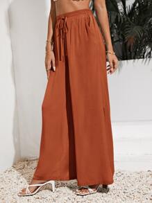 SHEIN Frenchy Solid Wide Leg Tie Front Pants - Rust Brown - View 3