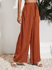 SHEIN Frenchy Solid Wide Leg Tie Front Pants - Rust Brown - View 4