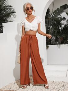 SHEIN Frenchy Solid Wide Leg Tie Front Pants - Rust Brown - View 5