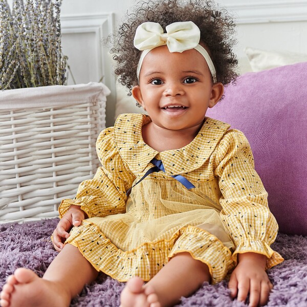 

Baby Plaid & Ditsy Floral Print Peter Pan Collar Smock Dress, Yellow