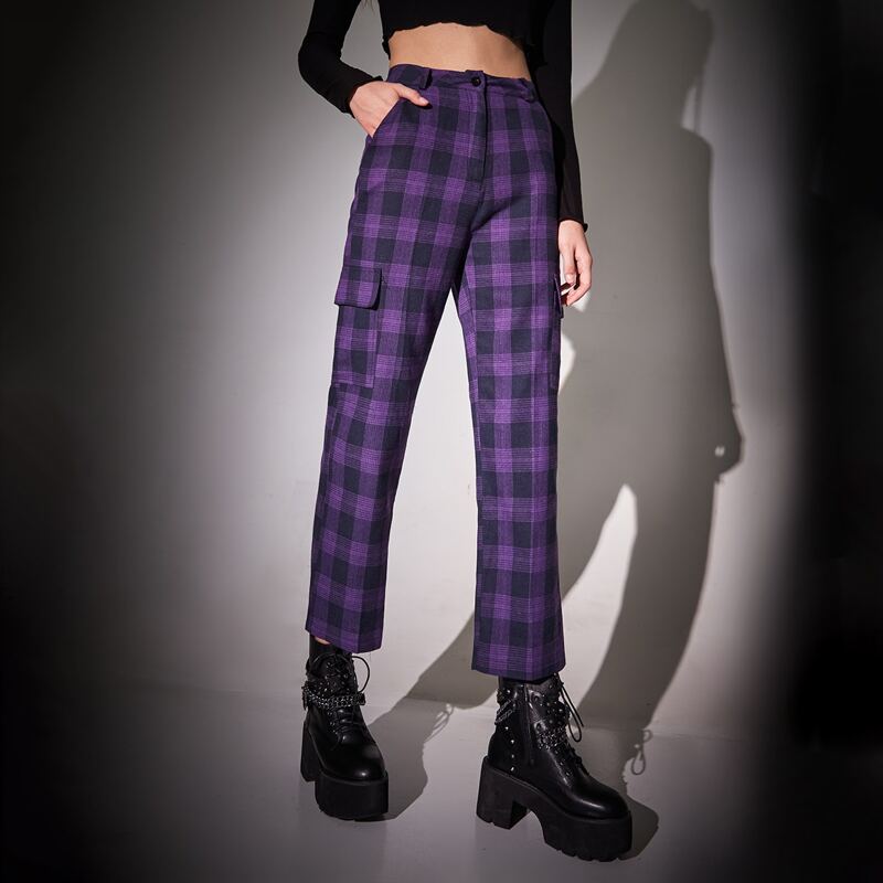 

Plaid Print Flap Pocket Pants, Purple