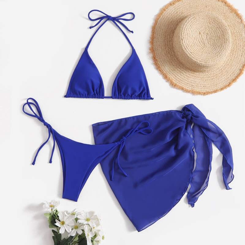 

3pack Solid Bikini Swimsuit With Beach Skirt, Royal blue