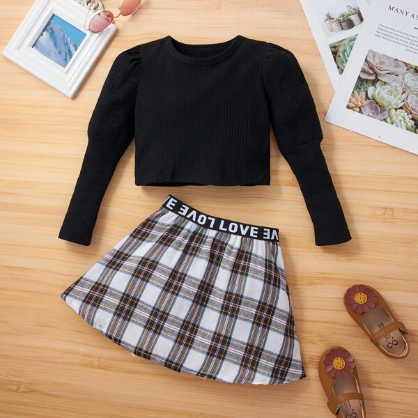

Toddler Girls Gigot Sleeve Top & Tartan Contrast Letter Tape Skirt, Multicolor