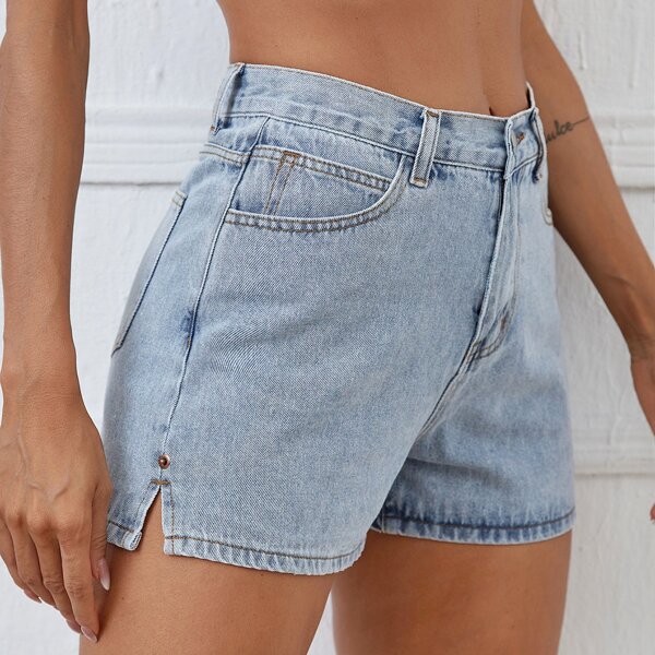 

Solid Zipper Split Denim Shorts, Light wash