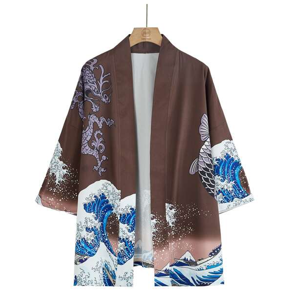 

Men Chinese Dragon And Wave Print Shirt, Chocolate brown