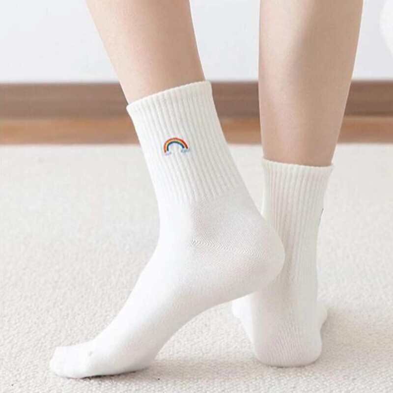 

Rainbow Embroidery Crew Socks, White