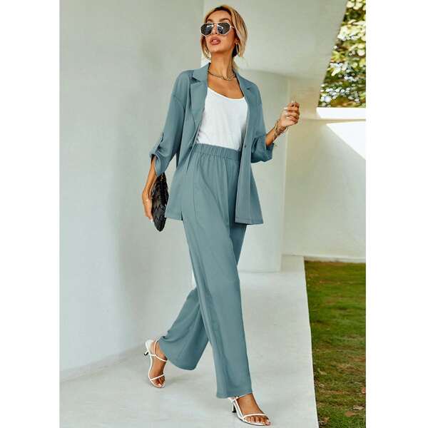 

Roll-up Sleeve Lapel Neck Blazer & Pants, Cadet blue