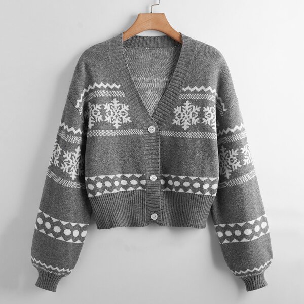 

Plus Snow & Zigzag Pattern Button Front Cardigan, Grey