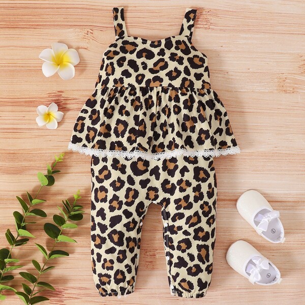 

Baby Leopard Ruffle Trim Cami Jumpsuit, Multicolor