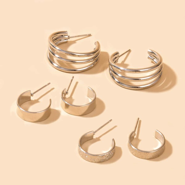 

3pairs Open Hoop Earrings, Silver