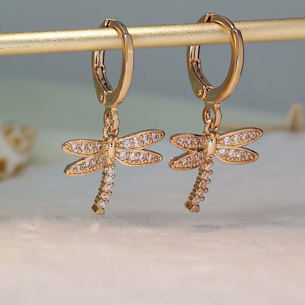 

Zircon Dragonfly Design Drop Earrings, Gold