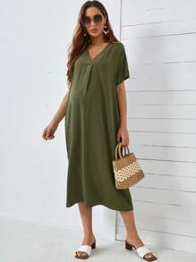 SHEIN Maternity V-neck Solid Tunic Dress - Army Green - View 2