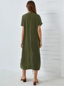 SHEIN Maternity V-neck Solid Tunic Dress - Army Green - View 3
