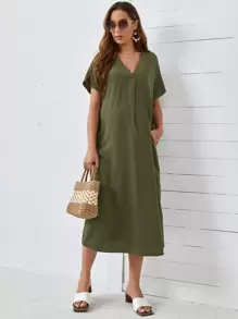 SHEIN Maternity V-neck Solid Tunic Dress - Army Green - View 1