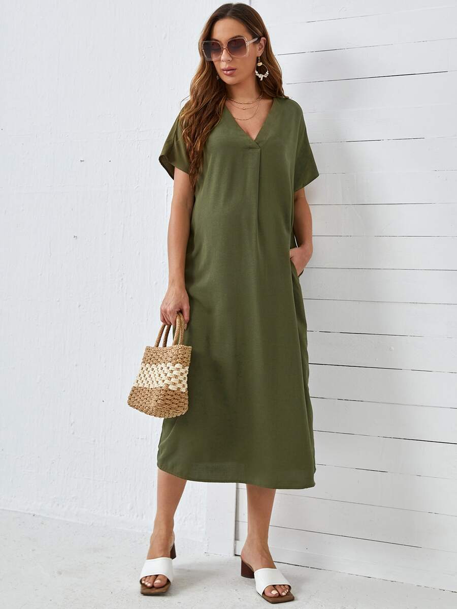 SHEIN Maternity V-neck Solid Tunic Dress - Army Green - View 1