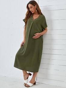 SHEIN Maternity V-neck Solid Tunic Dress - Army Green - View 5