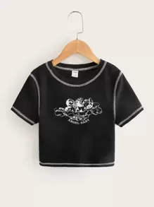 SHEIN Teen Girls Letter & Angel Print Tee - Black - View 1