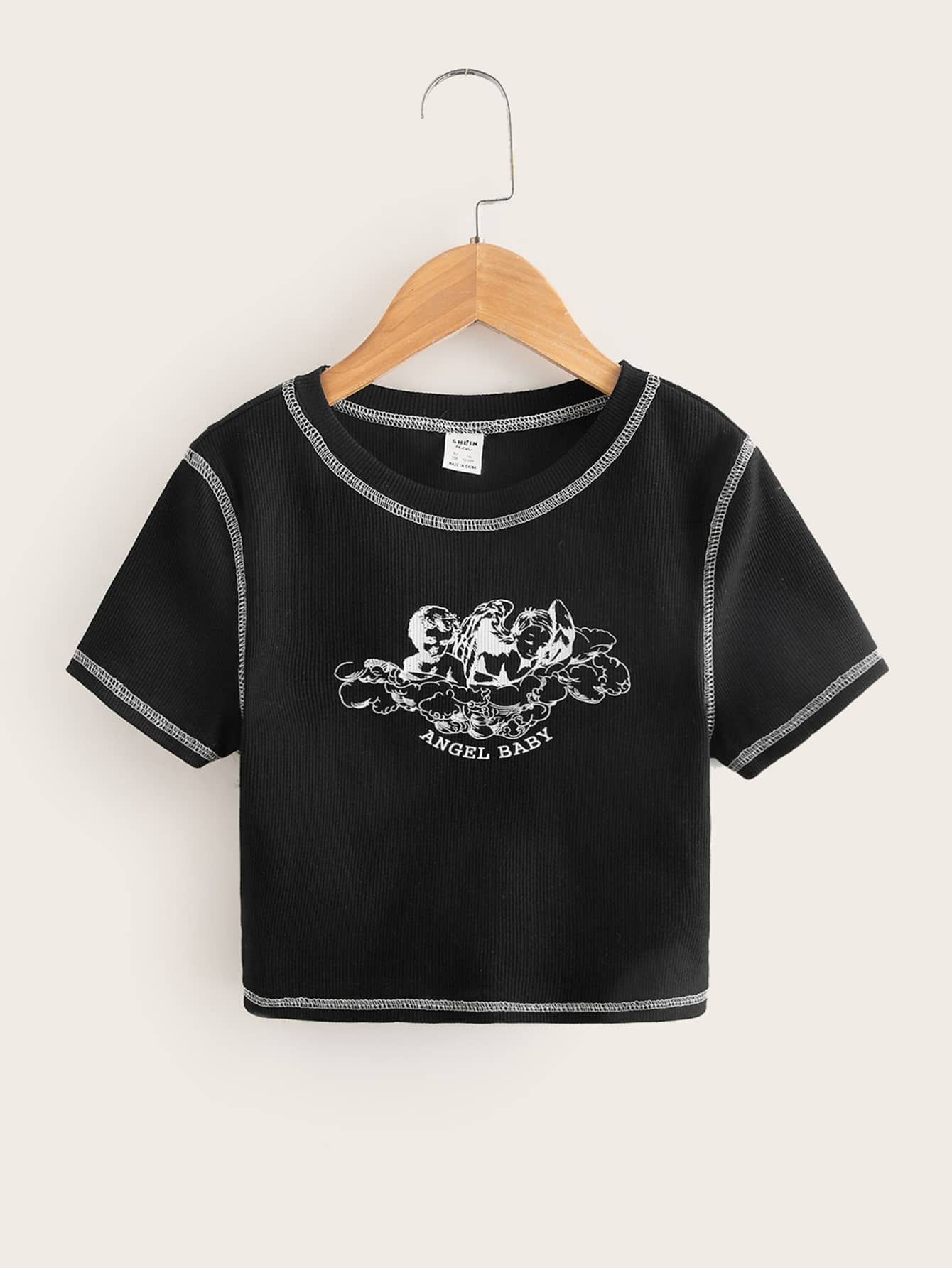 SHEIN Teen Girls Letter & Angel Print Tee - Black - View 1