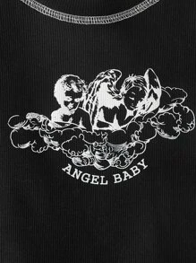 SHEIN Teen Girls Letter & Angel Print Tee - Black - View 4