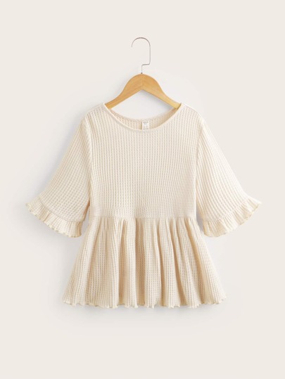 SHEIN Leap Crew Teen Girls Waffle Knit Ruffle Lettuce Trim Flared Hem Tee