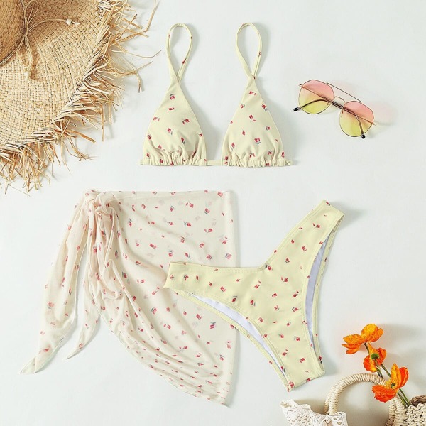 

3pack Floral Triangle Bikini Swimsuit With Beach Skirt, Beige