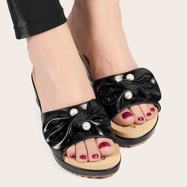 

Bow & Pearls Decor Wedge Sandals, Black