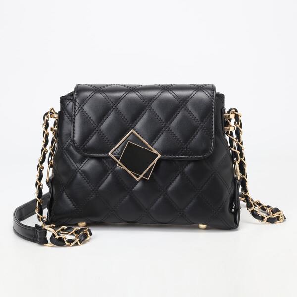 

Metal Decor Quilted Geometric Pattern Chain Crossbody Bag, Black