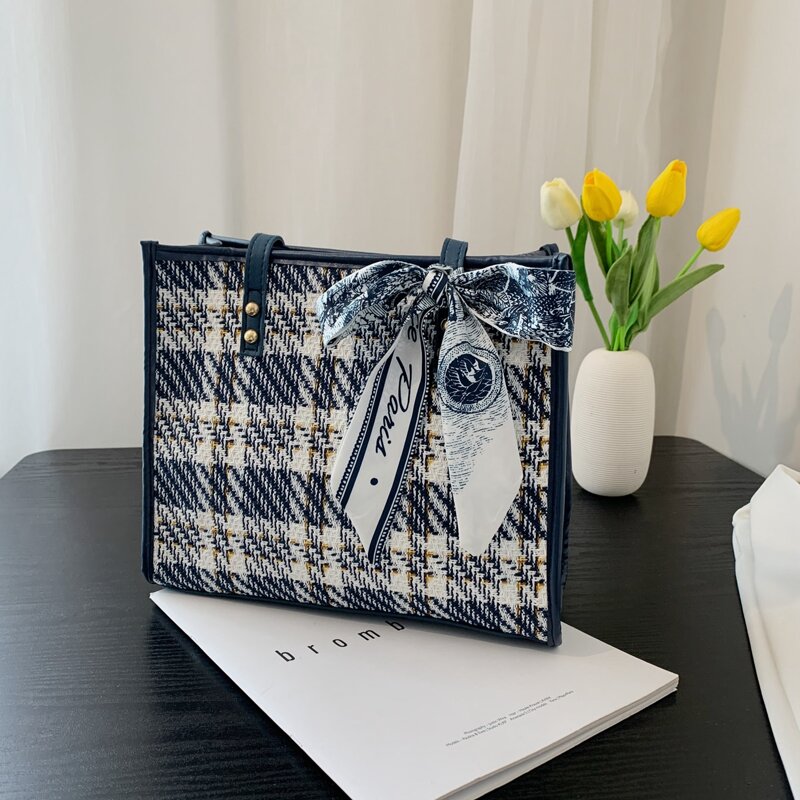 

Twilly Scarf Decor Plaid Pattern Tote Bag, Blue and white