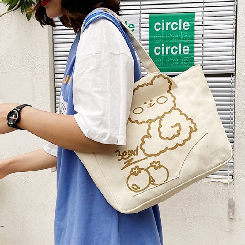 

Cartoon Print Letter Graphic Tote Bag, Beige