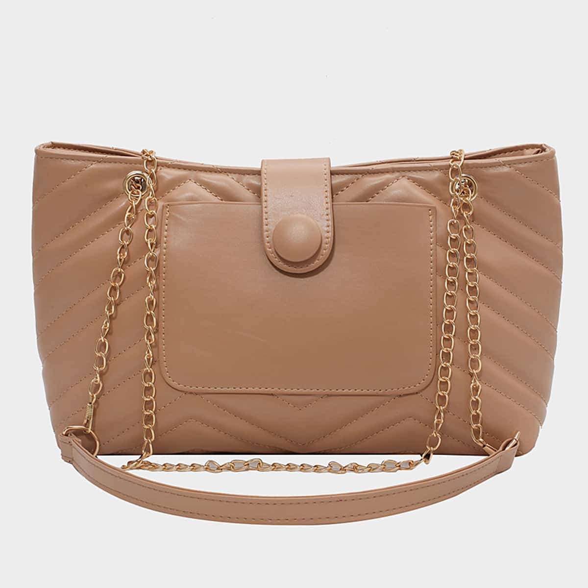 

Quilted Snap Button Tote Bag, Khaki