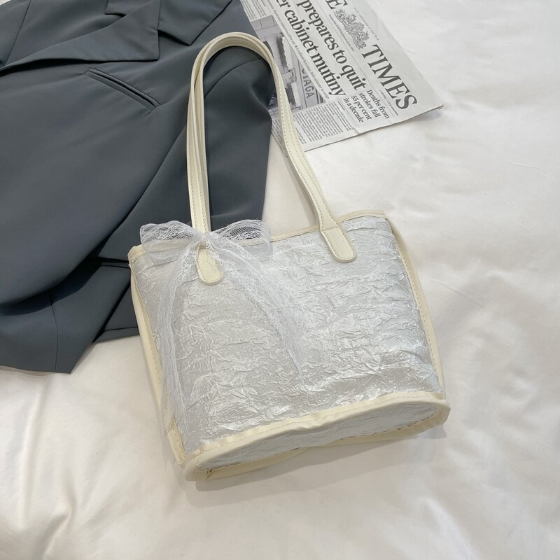 

Lace Decor Ruched Design Tote Bag, White