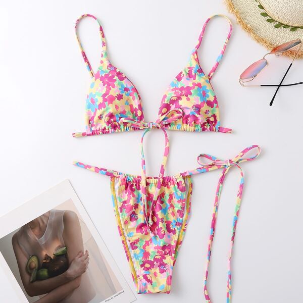 

Floral Triangle Tie Side Bikini Swimsuit, Multicolor