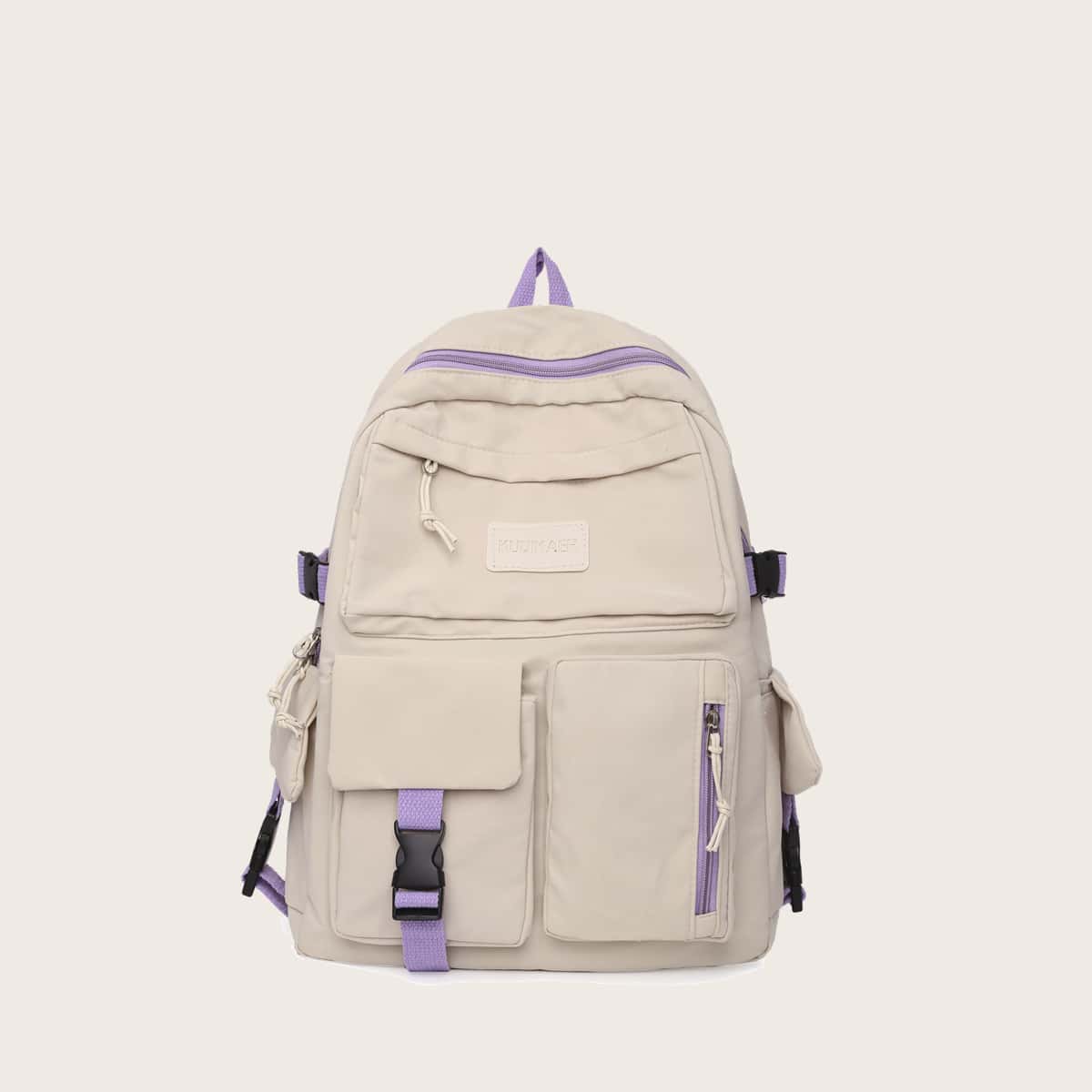 

Buckle Decor Pocket Front Backpack, Beige