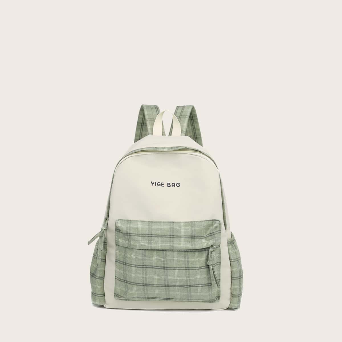 

Letter Graphic Plaid Pattern Backpack, Green