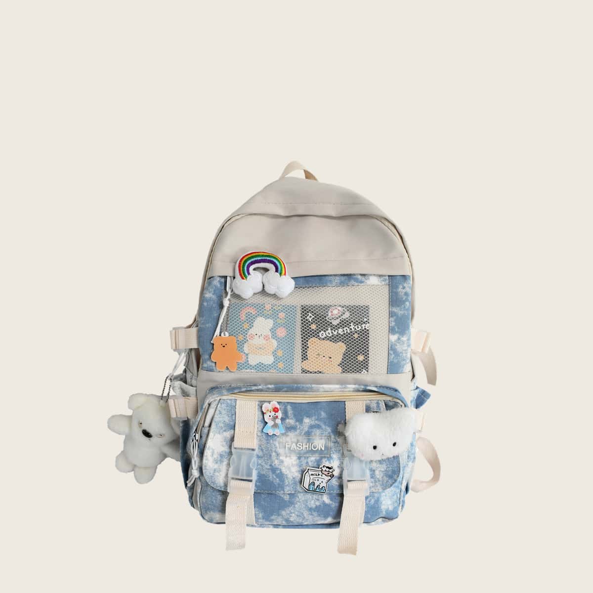 

Tie Dye Backpack With Cartoon Charm & Badge, Blue