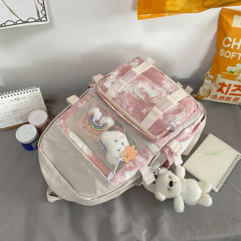 

Tie Dye Backpack With Cartoon Charm & Badge, Pink