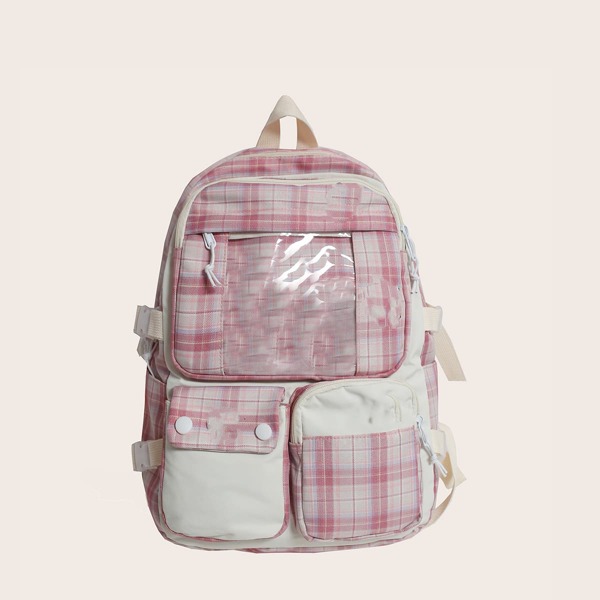 

Plaid Pattern Clear Detail Backpack, Pink