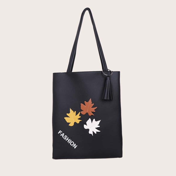 

Tassel Decor Maple & Letter Graphic Shoulder Tote Bag, Black