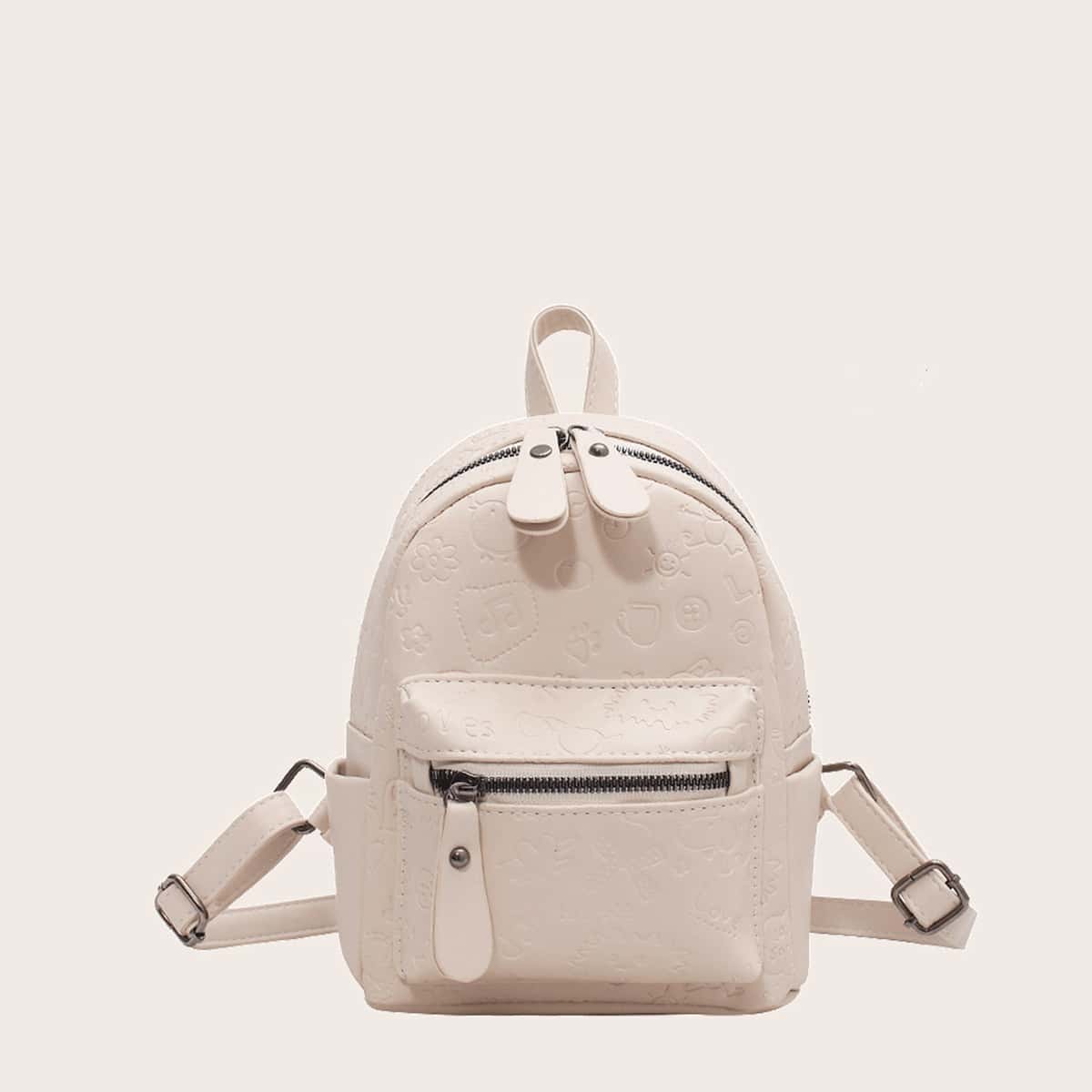 

Cartoon Graphic Studded Detail Backpack, Beige