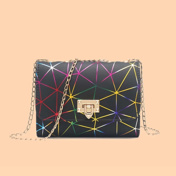 

Colored Geometric Design Chain Crossbody Bag, Black