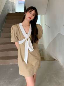 Contrast Trim Ribbon Detail Puff Sleeve Dress - Khaki - View 1