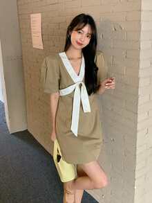 Contrast Trim Ribbon Detail Puff Sleeve Dress - Khaki - View 2