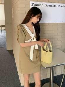 Contrast Trim Ribbon Detail Puff Sleeve Dress - Khaki - View 3