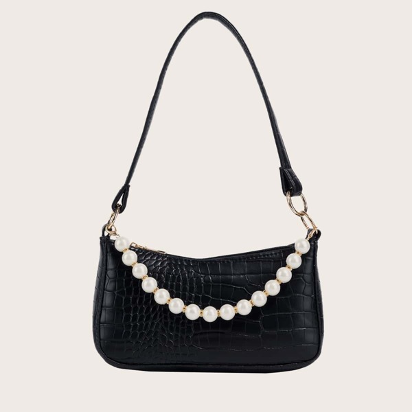 

Pearls Decor Croc Embossed Baguette Bag, Black