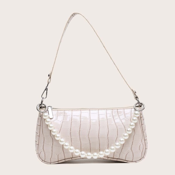 

Pearls Decor Croc Embossed Baguette Bag, Beige