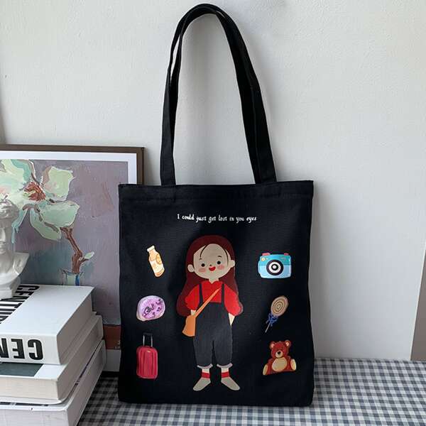 

Cartoon Figure Graphic Shopper Bag, Black