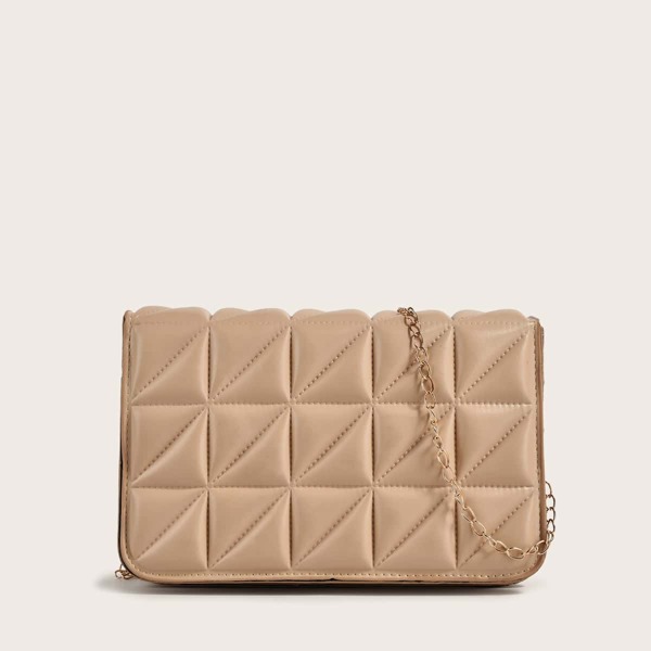 

Quilted Geometric Design Chain Crossbody Bag, Khaki